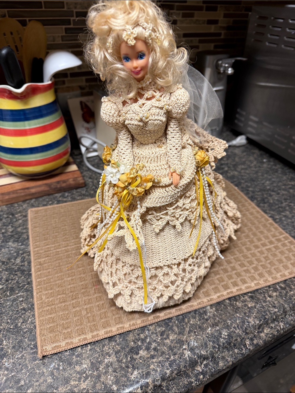 Vintage Blonde Doll in Cream Crochet Dress with Yellow Accents